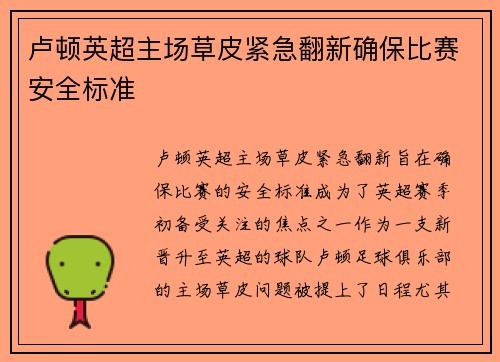 卢顿英超主场草皮紧急翻新确保比赛安全标准