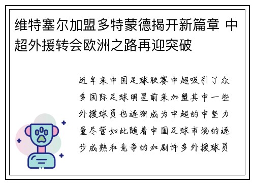 维特塞尔加盟多特蒙德揭开新篇章 中超外援转会欧洲之路再迎突破
